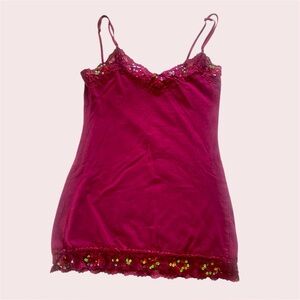 VTG Y2K Lace Trim Cami Tank Top Burgundy Bella Swan Sequin Medium Long Fairy